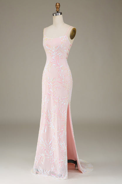 Mermaid Sparkly Pink Prom Dress with Slit Floor Length Beautiful