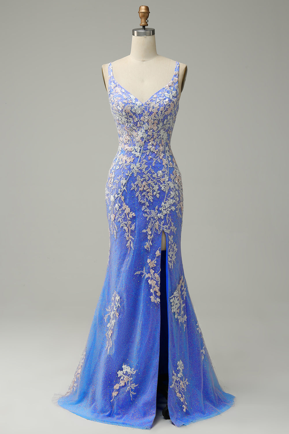 Glitter Blue Mermaid Lace Long Prom Dress with Slit Beautiful