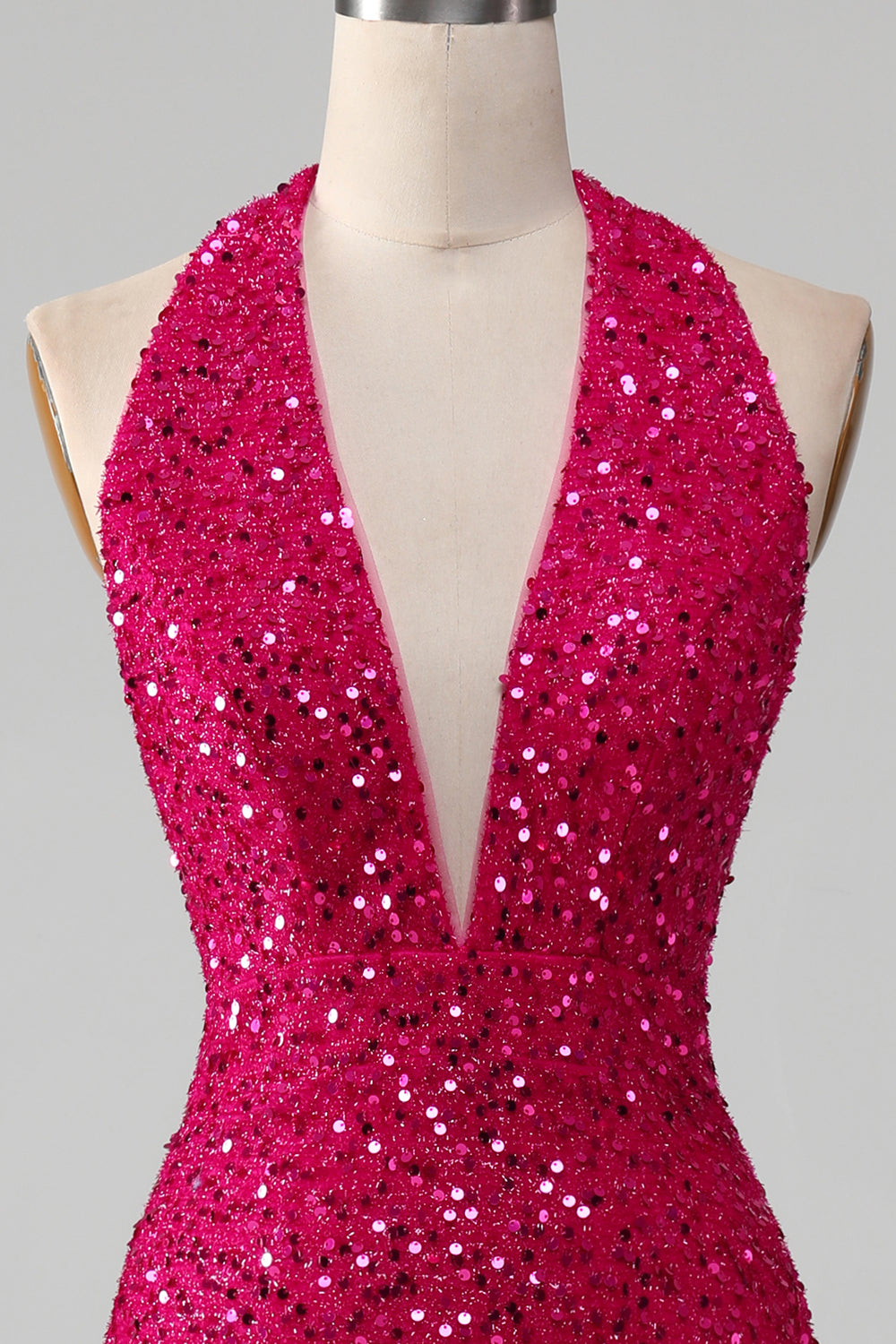 Fuchsia Mermaid Halter Sequin Prom Dress With Slit V-neck Sexy Sparkly Evening Dress