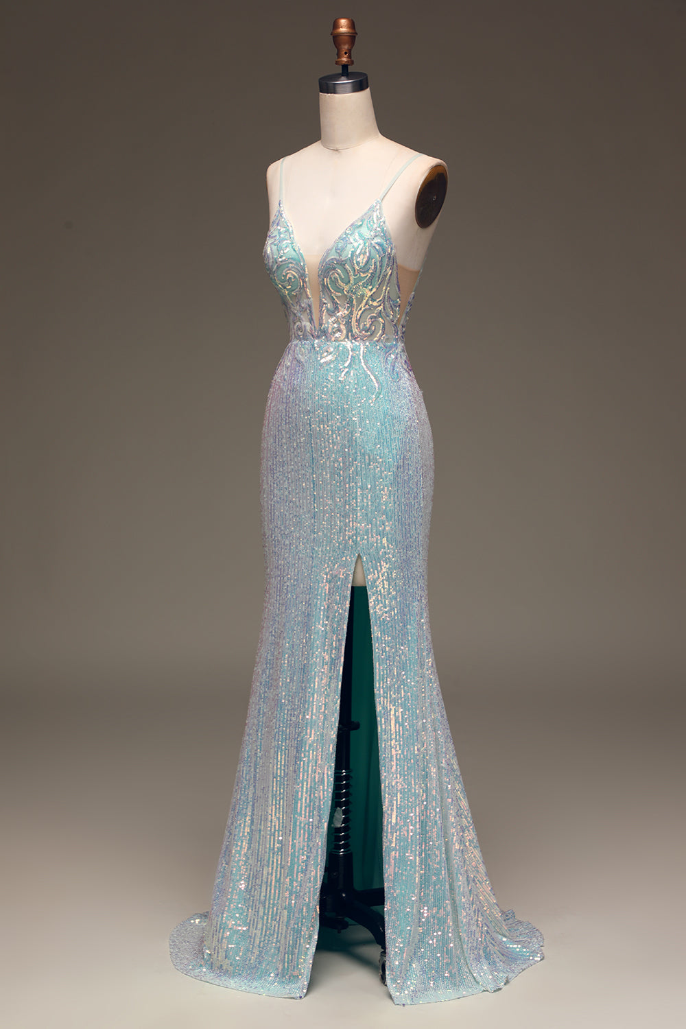 Mermaid Spaghetti Straps Grey Blue Prom Dress With Slit Sparkly Evening Dress