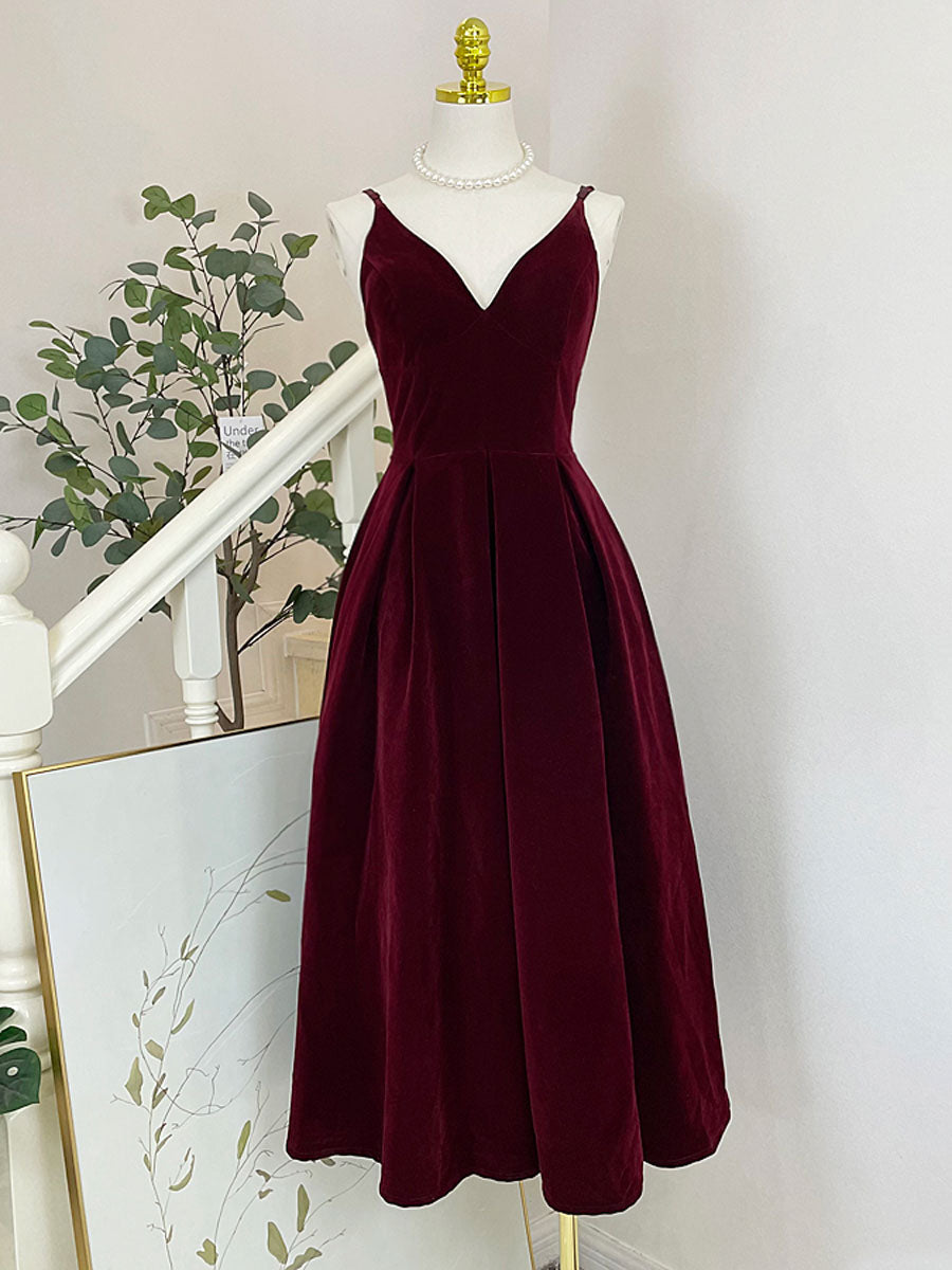 A-Line V Neck Sleeveless Velvet Prom Dress Formal Dress Solid Color Elegant Cocktail Dress