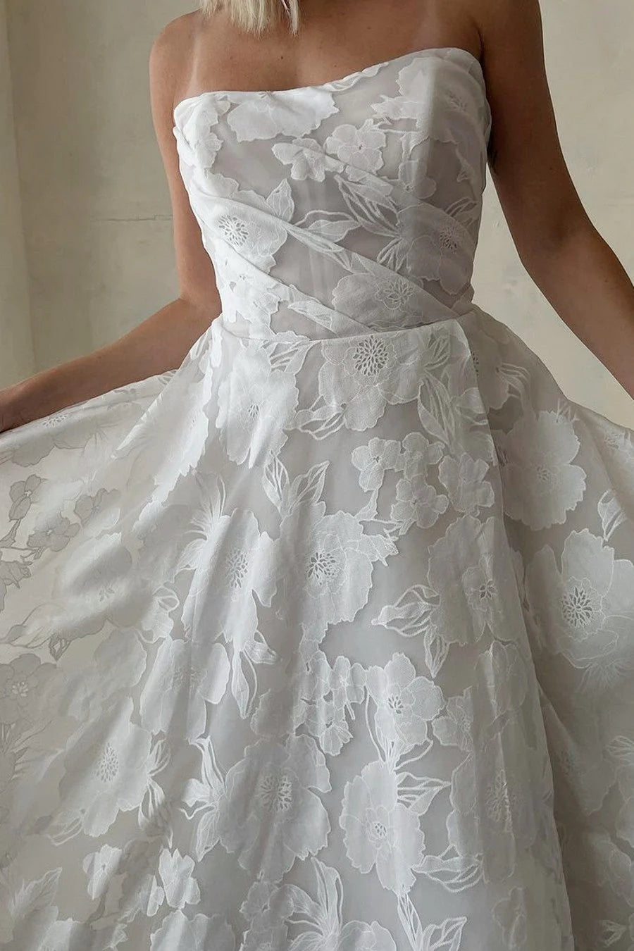 Ivory Wedding Dress Strapless Lace A Line Bridal Dress With Sweep Train And Slit Off Shoulder