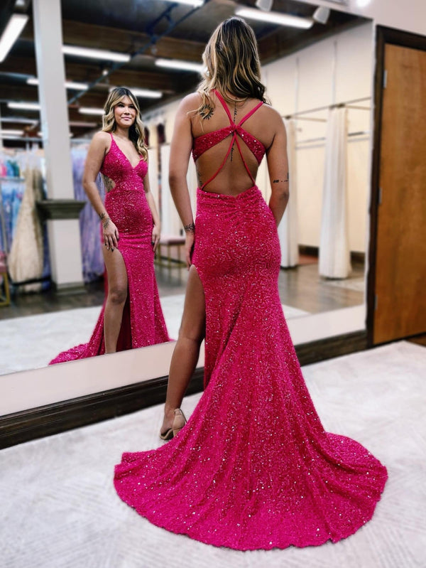 Glitter Mermaid V Neck Cut Out Prom Dress with Slit Sparkly Evening Dress