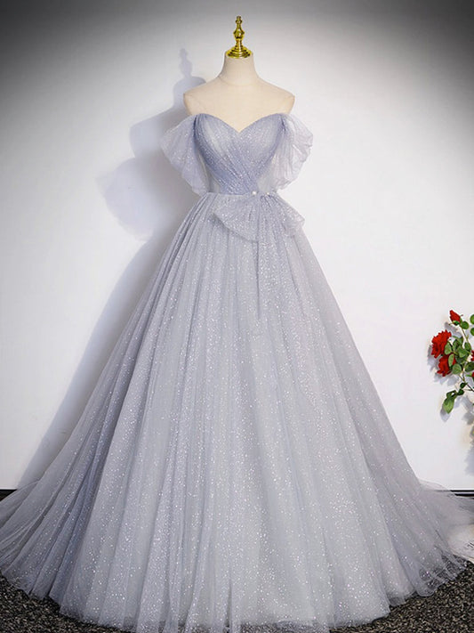 A-Line Off Shoulder Tulle Long Gray Prom Dress Formal Dresses Sparkly Evening Dress