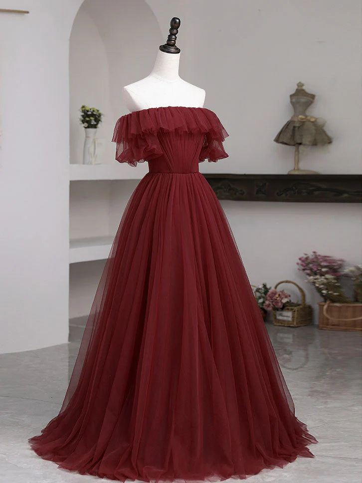Simple A line burgundy tulle long prom dress formal dress Solid Color december wedding guest dress
