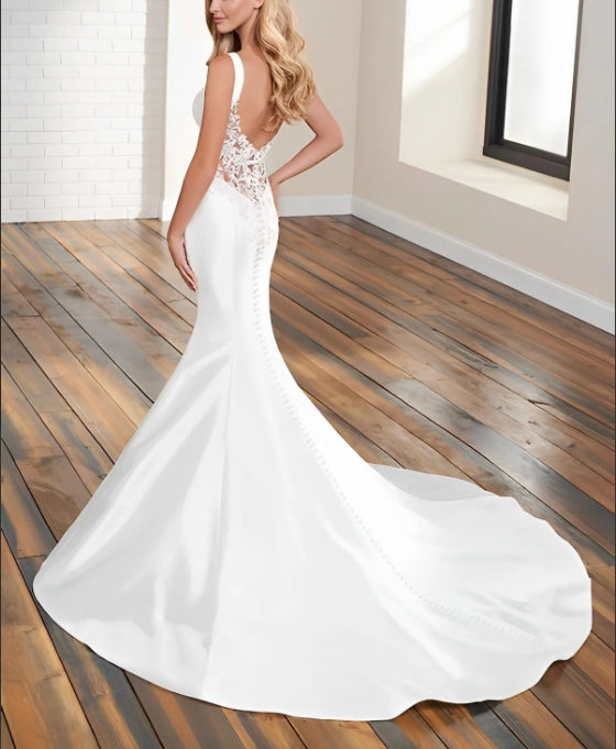 Elastic Satin Mermaid Wedding Dresses With Lace Sleeveless Court Train Square Neckline Simple