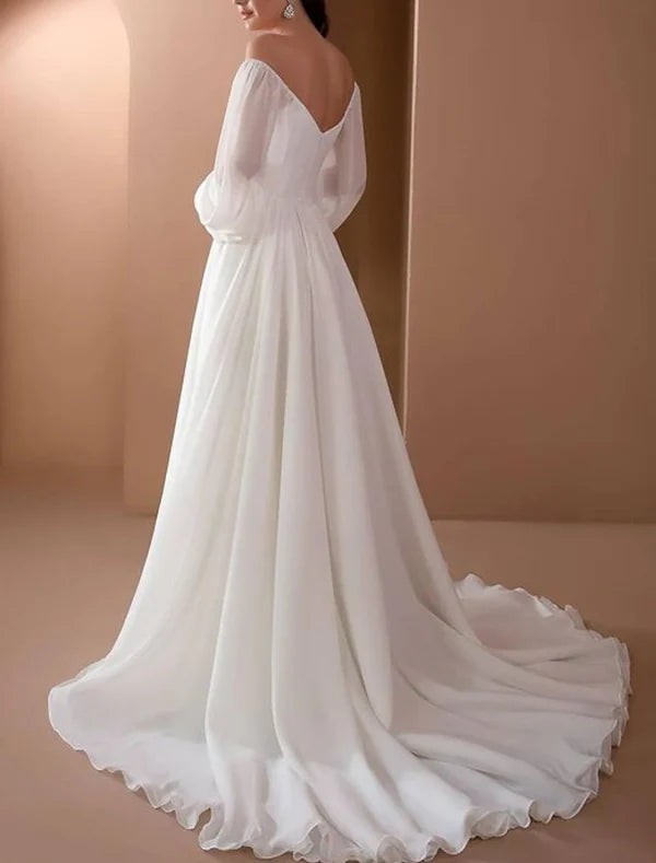 Beach Vintage Wedding Dresses A-Line Off Shoulder Long Sleeve Court Train Chiffon Bridal Gowns