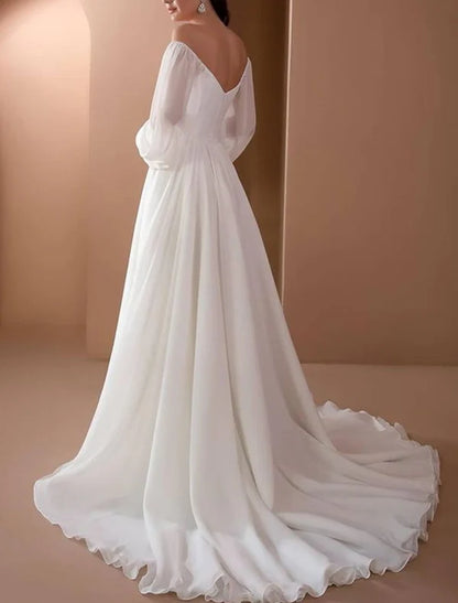 Beach Vintage Wedding Dresses A-Line Off Shoulder Long Sleeve Court Train Chiffon Bridal Gowns