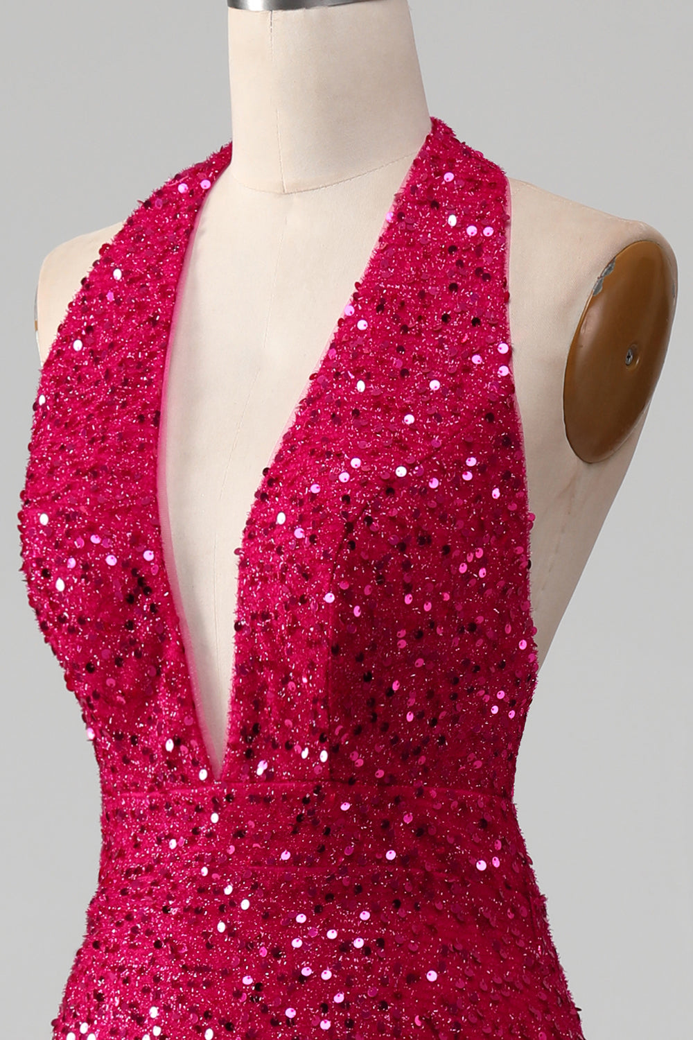 Fuchsia Mermaid Halter Sequin Prom Dress With Slit V-neck Sexy Sparkly Evening Dress