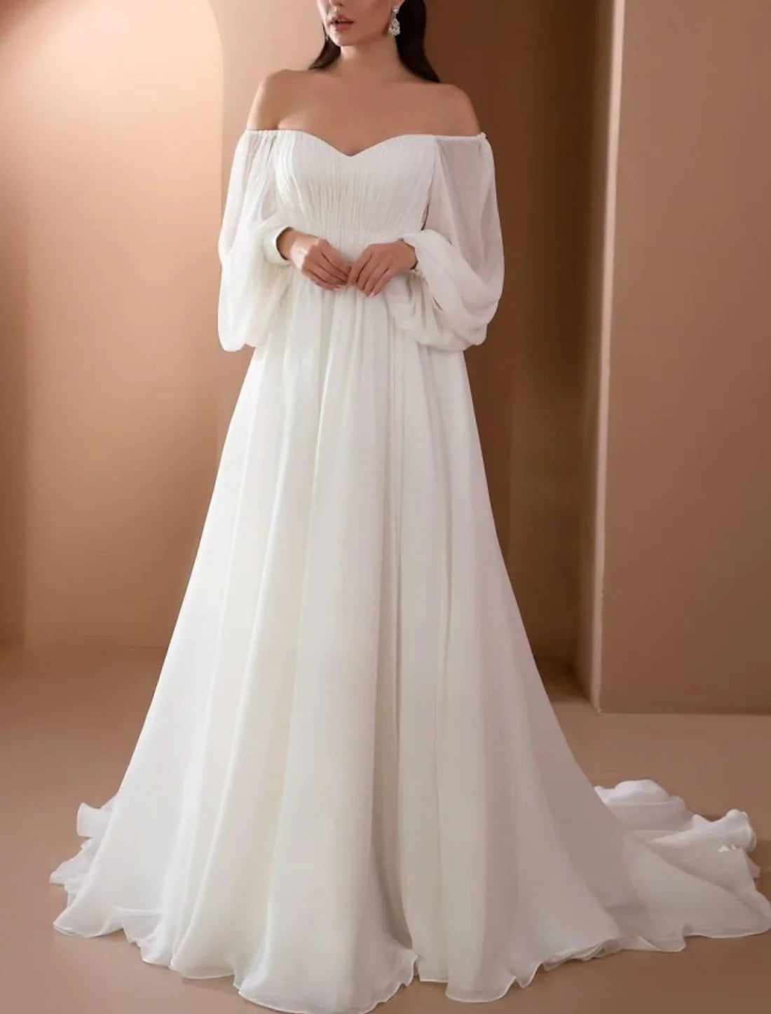 Beach Vintage Wedding Dresses A-Line Off Shoulder Long Sleeve Court Train Chiffon Bridal Gowns