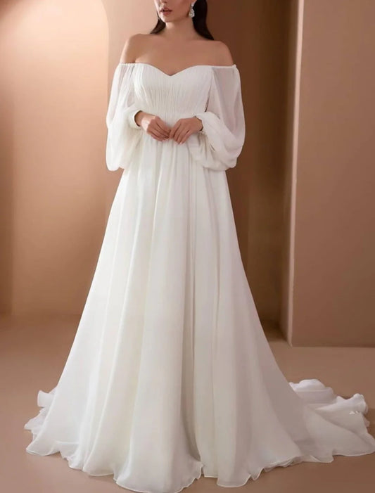 Beach Vintage Wedding Dresses A-Line Off Shoulder Long Sleeve Court Train Chiffon Bridal Gowns