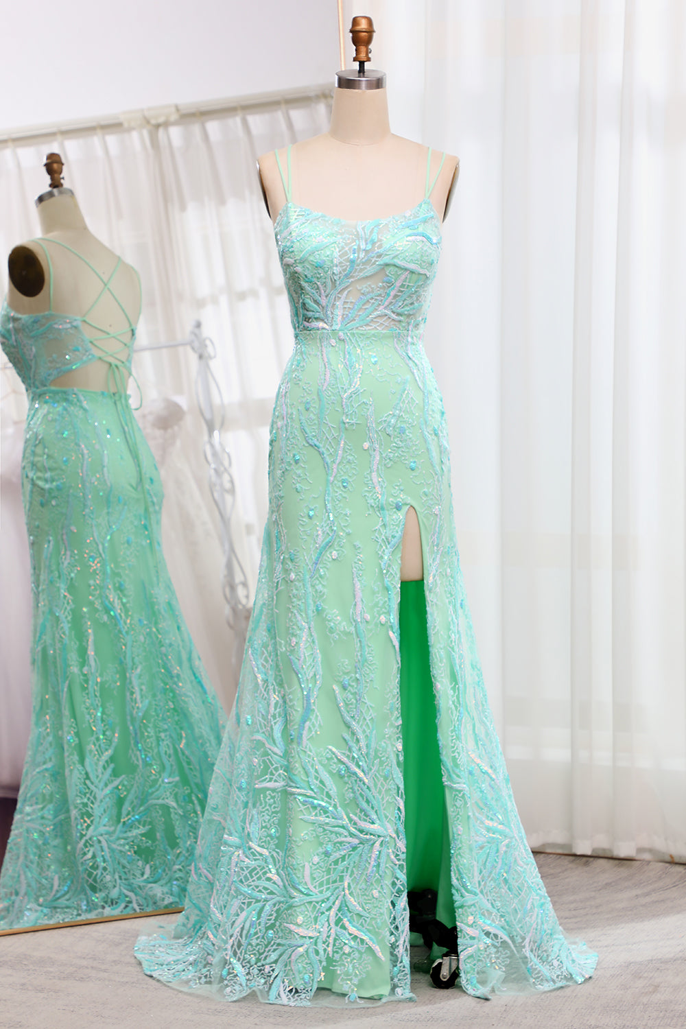 Mermaid Spaghetti Straps Lace-Up Back Sequins Long Prom Dress with Slit Charming Evening Party Dress