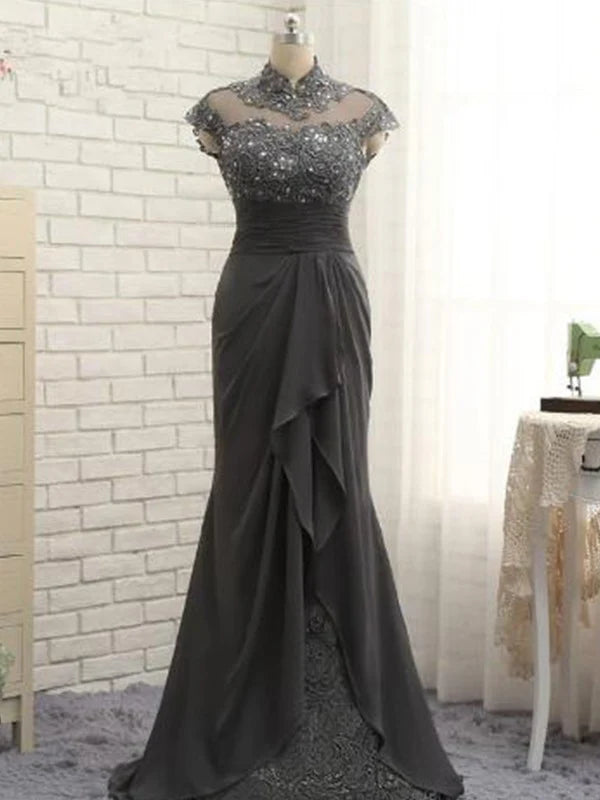 Slim fit column chiffon lace high neck short sleeved and floor length style Mother of the Bride Dresses Beautiful