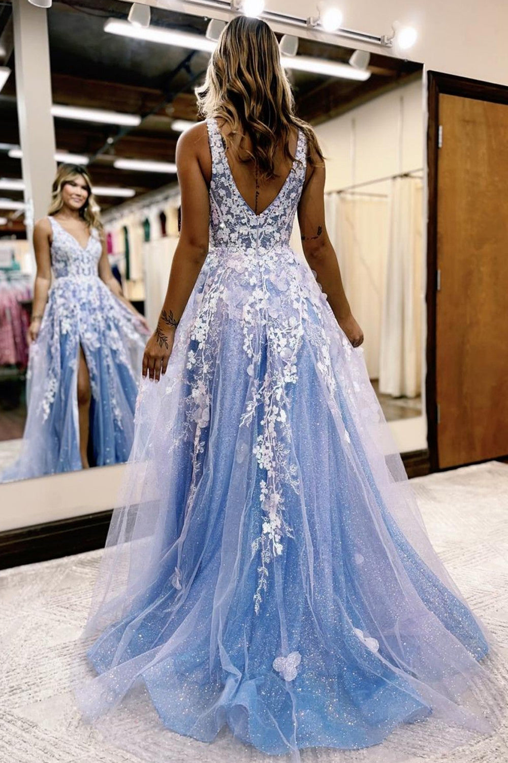 A Line Spaghetti Straps Light Blue Tulle Long Prom Dress With Slit V-neck Beautiful
