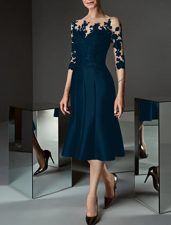 Mermaid / Trumpet Mother of the Bride Dress Wedding Guest See Through Bateau Neck Knee Length Satin Lace 3/4 Length Sleeve with Buttons Appliques Elegant