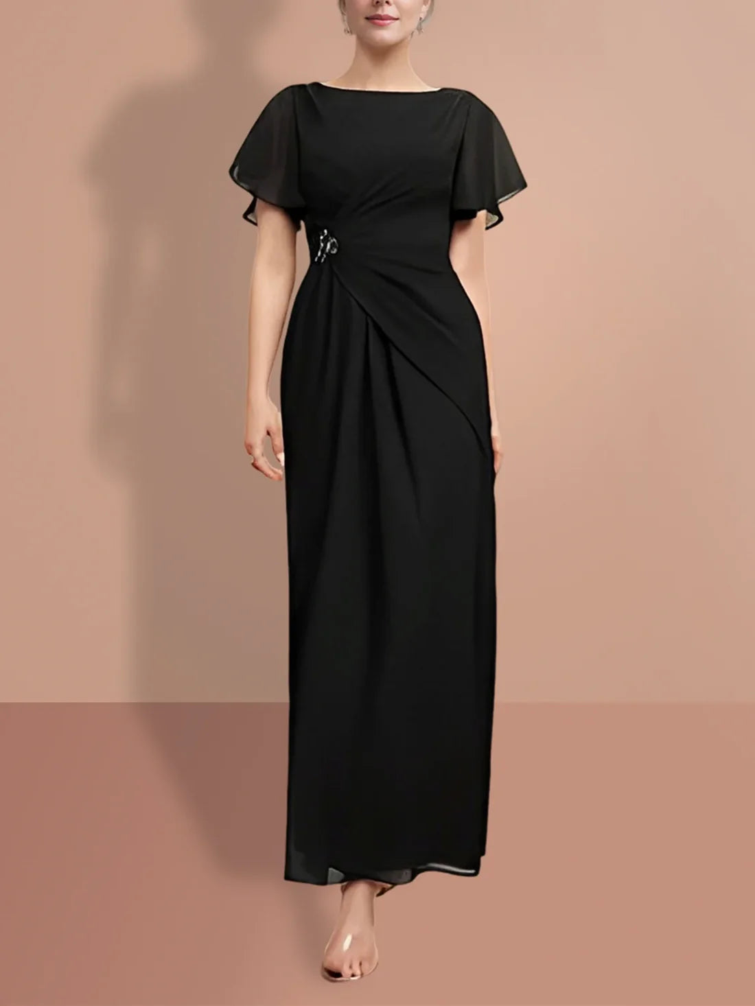 Tight fitting/cylindrical and ankle short sleeved mother of the bride dresses Black Evening Dresses