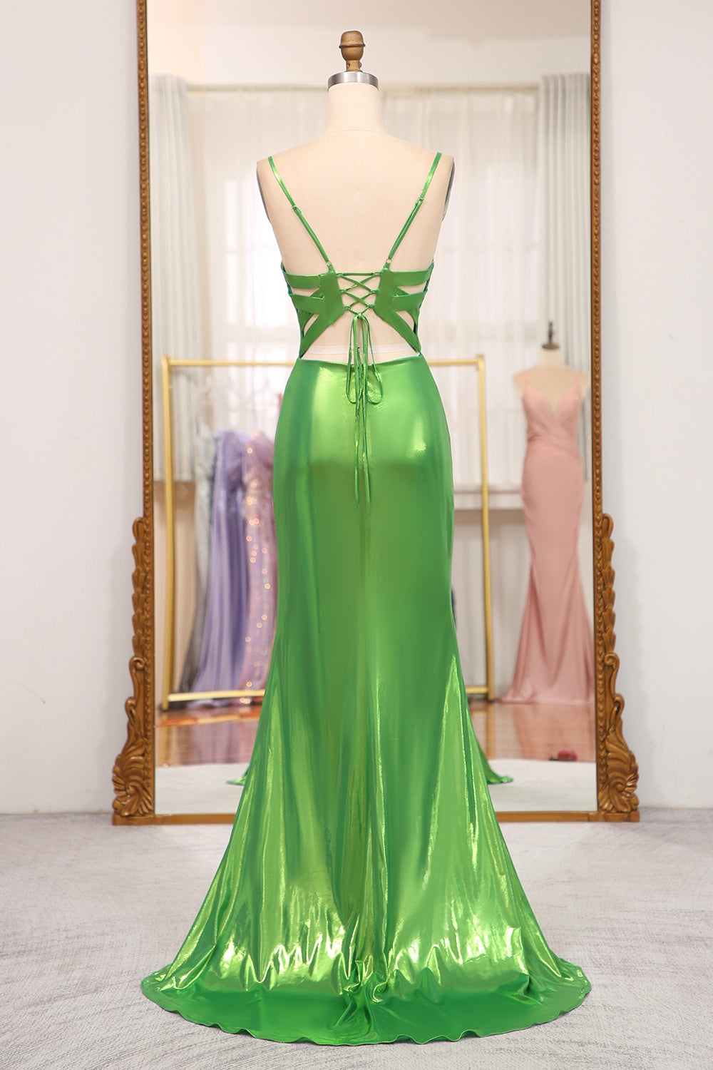 Bright Green Mermaid Spaghetti Straps Corset Long Prom Dress With Slit Sexy Evening Dress