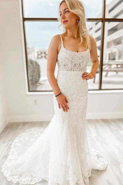 White Mermaid Long Bridal Dress with Appliques Elegant Beautiful Wedding Dress