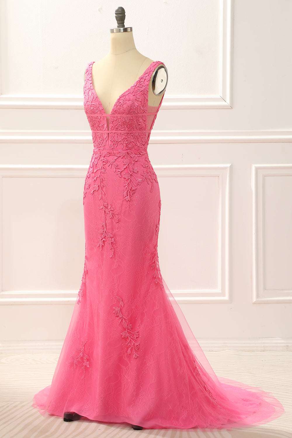 Hot Pink Tulle Mermaid Prom Dress With Appliques Floor Length Beautiful