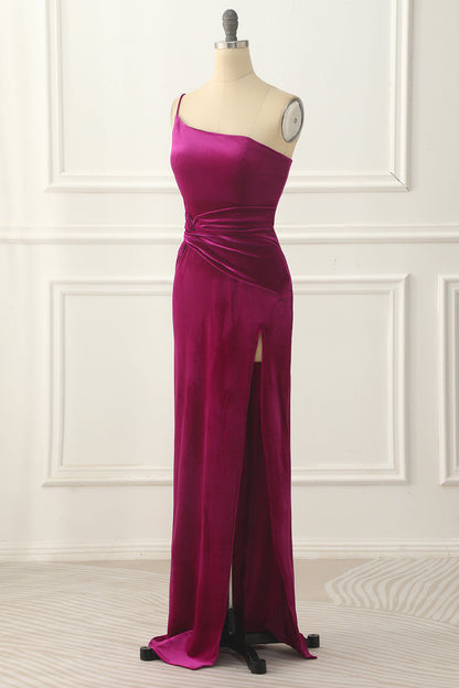 Velvet One Shoulder Prom Dress With Slit Floor Length Elegant Evening Dress