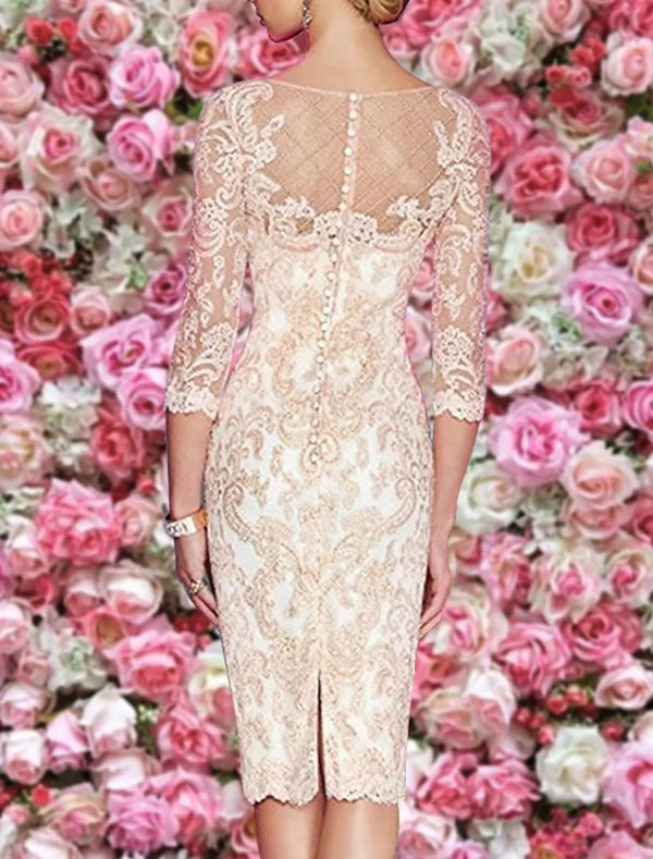 Sheath / Column Mother of the Bride Dress Wedding Guest Plus Size Sexy See Through Bateau Neck Knee Length Lace 3/4 Length Sleeve with Appliques Elegant