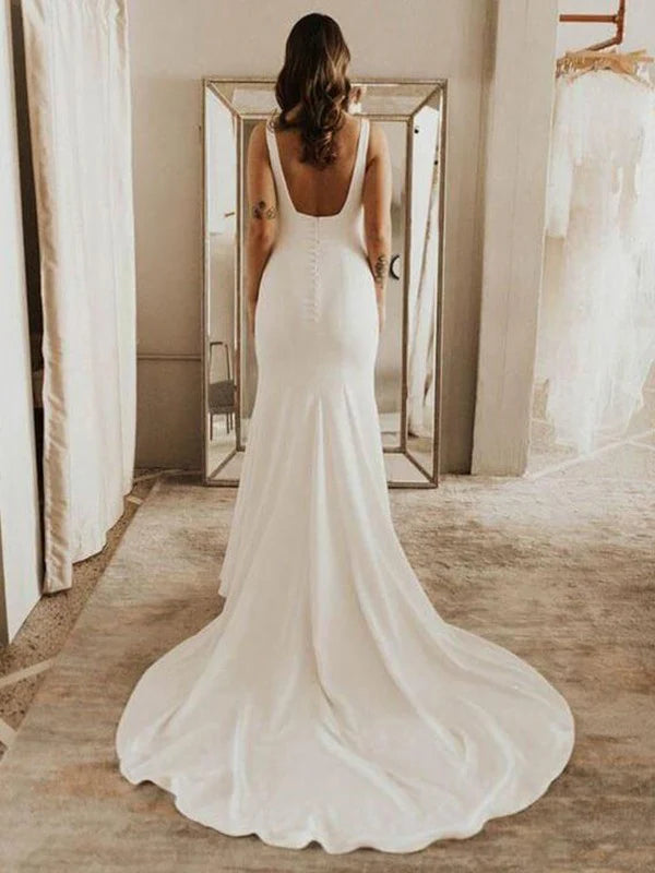 Tight straight tube elastic crepe shoulder strap sleeveless sweeping ruffle edge wedding dress Beautiful