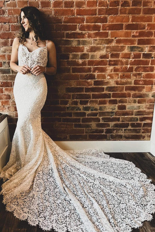 White Lace Sweetheart Sleeveless Mermaid Long Wedding Dress Elegant
