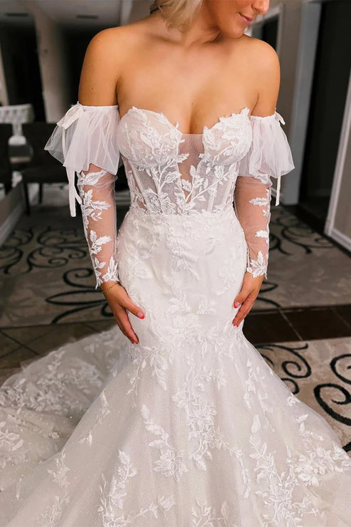 White Floral Lace Sweetheart Mermaid Wedding Dress with Detachable Sleeves Off Shoulder