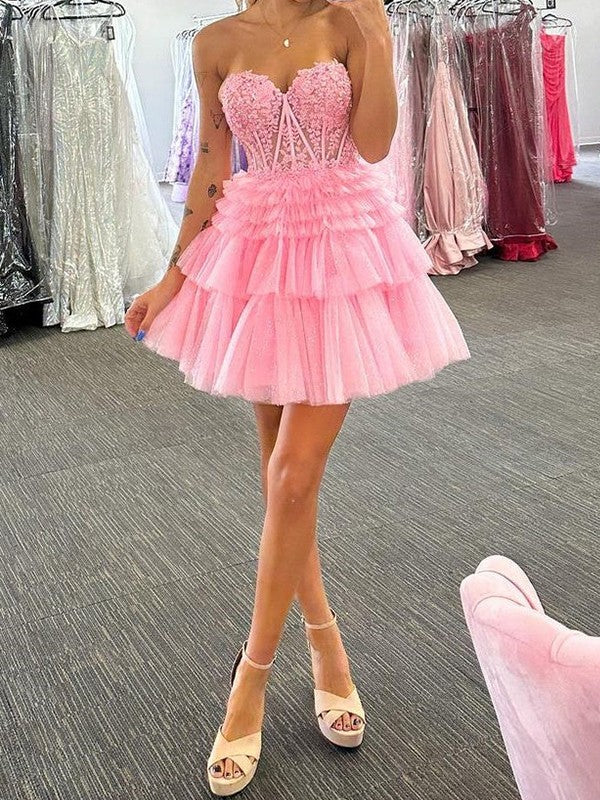 A-line skirt princess sheer inlaid with sweet sleeveless short tight fitting corset Homecoming Dress Beautiful