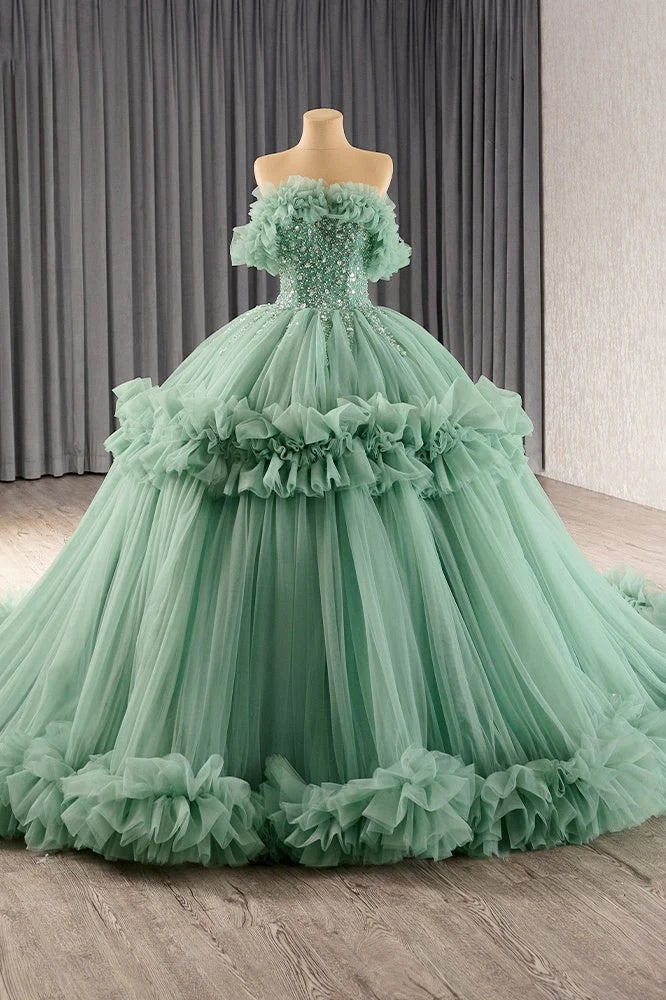 Elegant Green Off The Shoulder Evening Dress Ball Gown Beaded Prom Dress Charming Quinceanera Dress