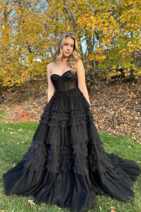 Black Sweetheart Tiered A-Line Formal Dress Strapless Long Prom Dress Charming Evening Dress