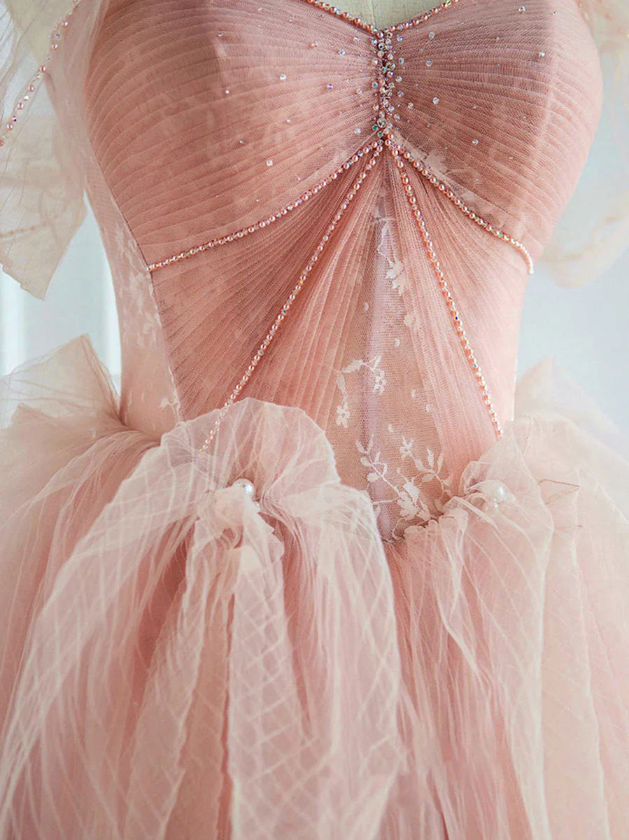 Pink tulle lace long prom dress evening dress A Line Off Shoulder december wedding guest dress