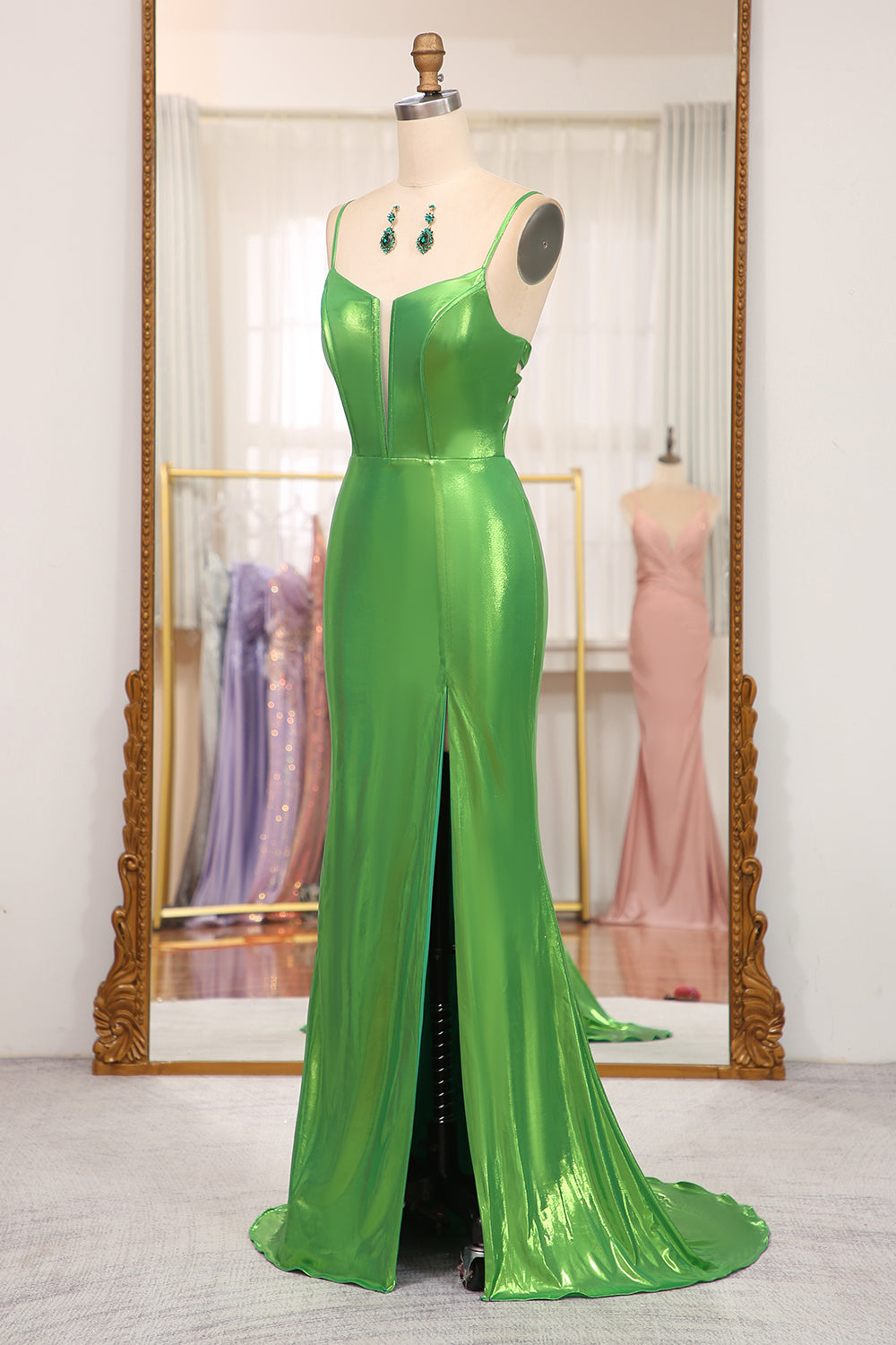 Bright Green Mermaid Spaghetti Straps Corset Long Prom Dress With Slit Sexy Evening Dress