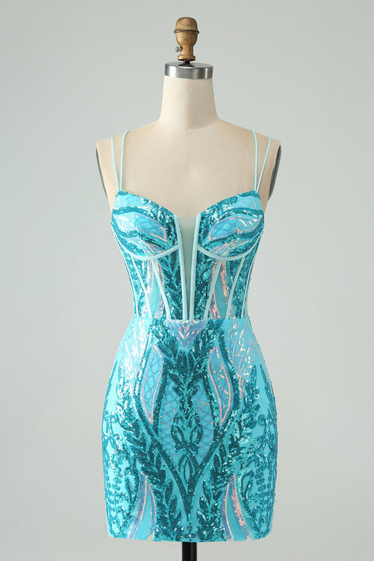 Gorgeous Blue Bodycon Spaghetti Straps Corset Homecoming Dress with Sequins Sparkly