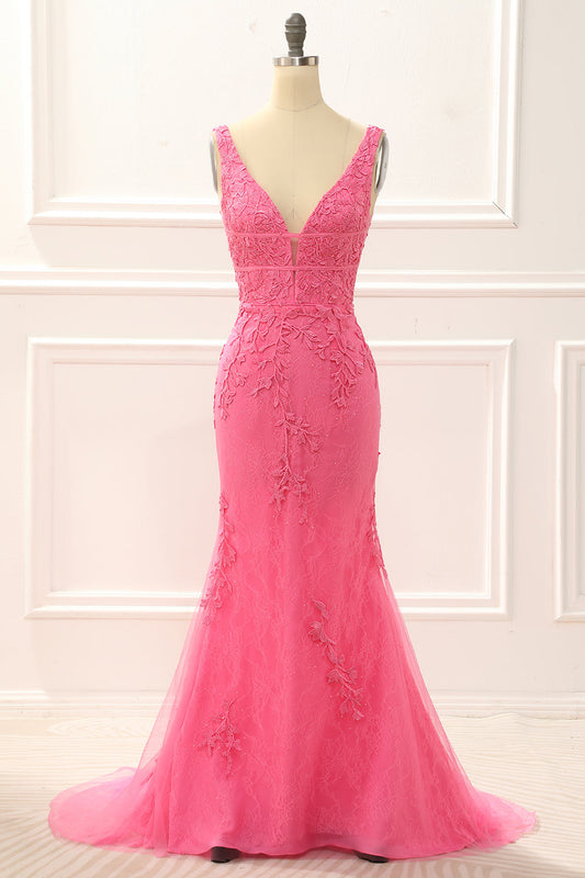 Hot Pink Tulle Mermaid Prom Dress With Appliques Floor Length Beautiful