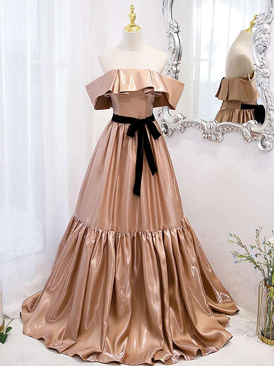 Simple champagne off shoulder long prom dress bridesmaid dress Elegant Evening Dress