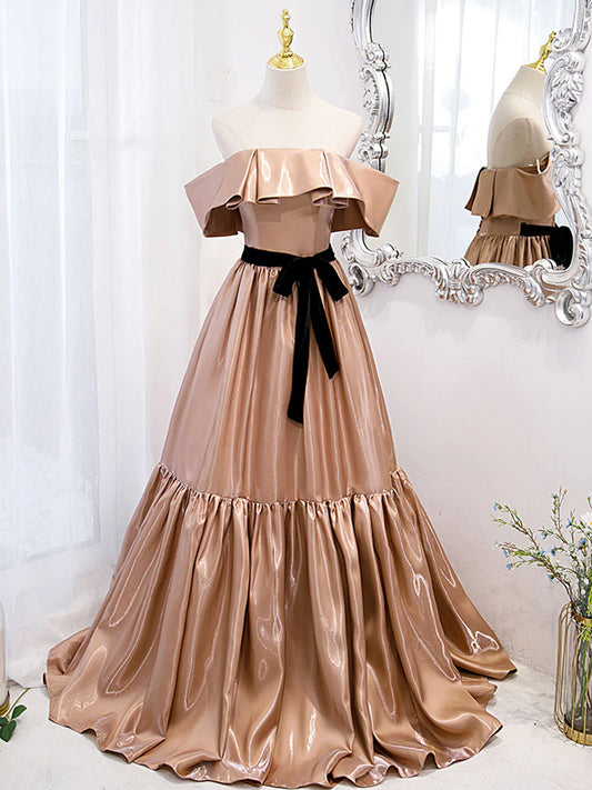 Simple champagne off shoulder long prom dress bridesmaid dress Elegant Evening Dress