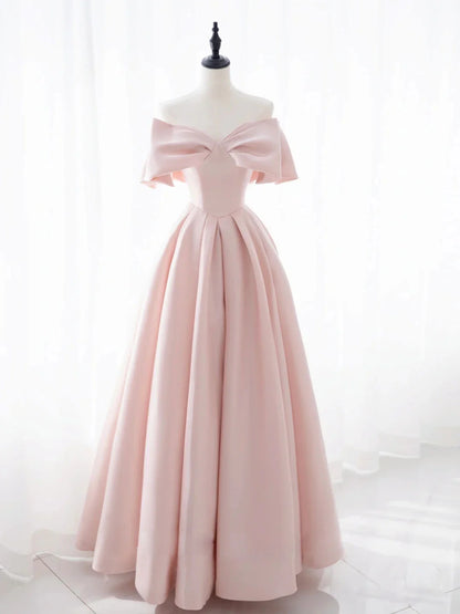 Simple pink satin long prom dress A line evening dress Off Shoulder Formal Dress With Bow(s)