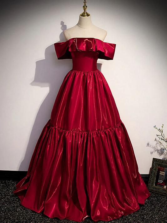 Simple burgundy off shoulder satin long prom dress evening dress december wedding guest dress