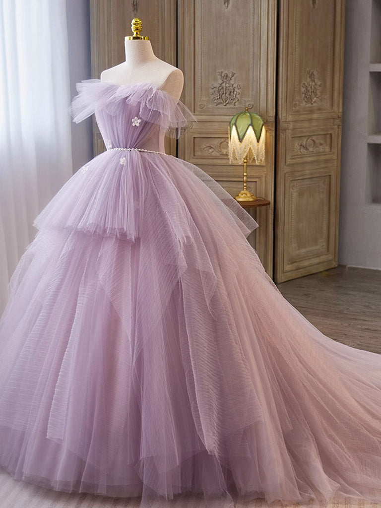 Light Purple A-line Tulle Long Prom Gown Formal Dress Off Shoulder Floor Length With Flowers