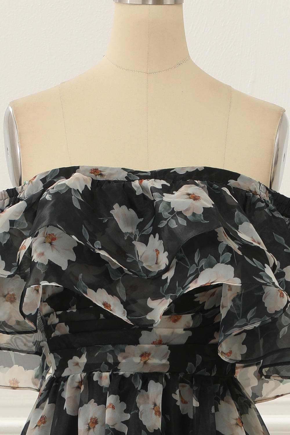 Black Print Off Shoulder A Line Prom Dress With Ruffles Floor Length Beautiful