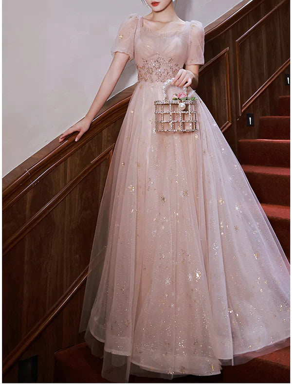 A-Line Prom Dresses Elegant Dress Engagement Prom Floor Length Half Sleeve Square Neck Satin with Appliques Sparkly Evening Dress