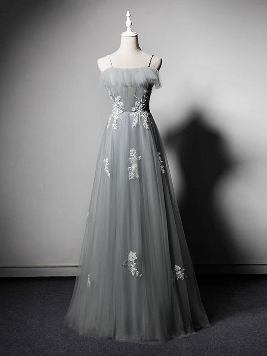 Simple gray tulle lace long prom dress formal dress A Line with Appliques december wedding guest dress