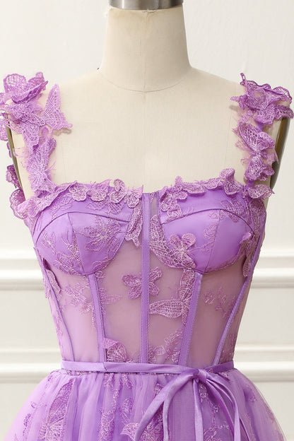 Purple A-Line Corset Homecoming Dress With Butterflies Short Party Dress