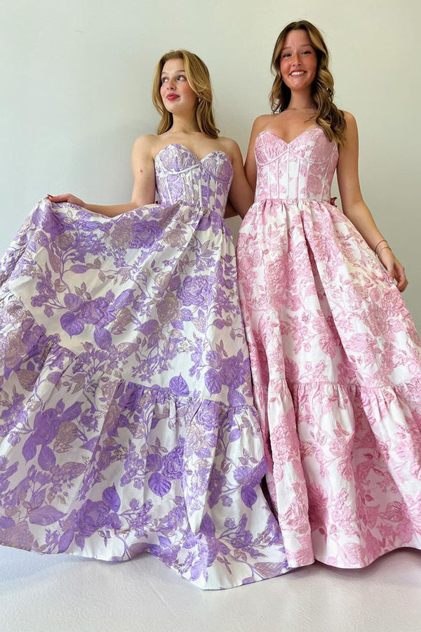 A-Line Sweetheart Floral Printed Long Prom Dresses Off Shoulder Beautiful