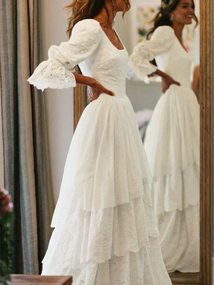 A-Line/Princess Lace Long Sleeves Layers Square Sweep/Brush Train Wedding Dresses Beautiful