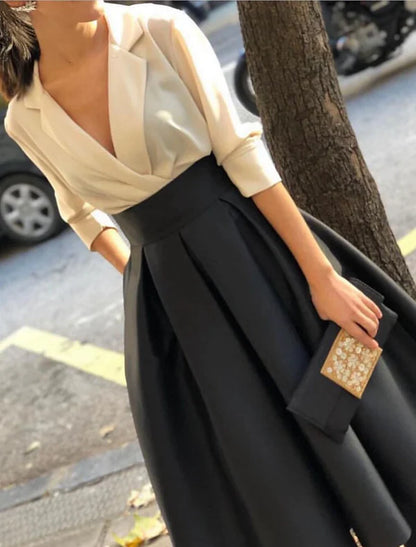 A-Line Evening Gown Elegant Dress Wedding Black Tie Floor Length Long Sleeve V Neck Fall Wedding Guest Satin with Ruched Pocket Fashion