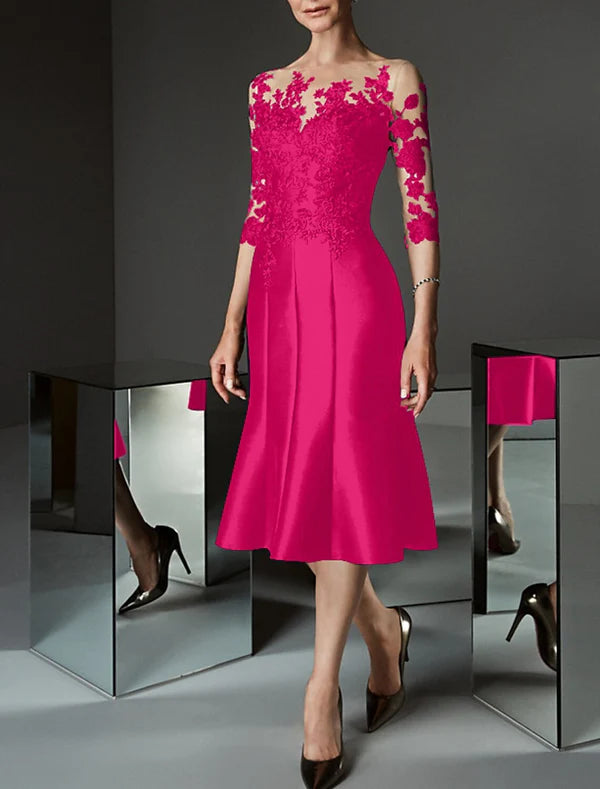 Mermaid / Trumpet Mother of the Bride Dress Wedding Guest See Through Bateau Neck Knee Length Satin Lace 3/4 Length Sleeve with Buttons Appliques Elegant