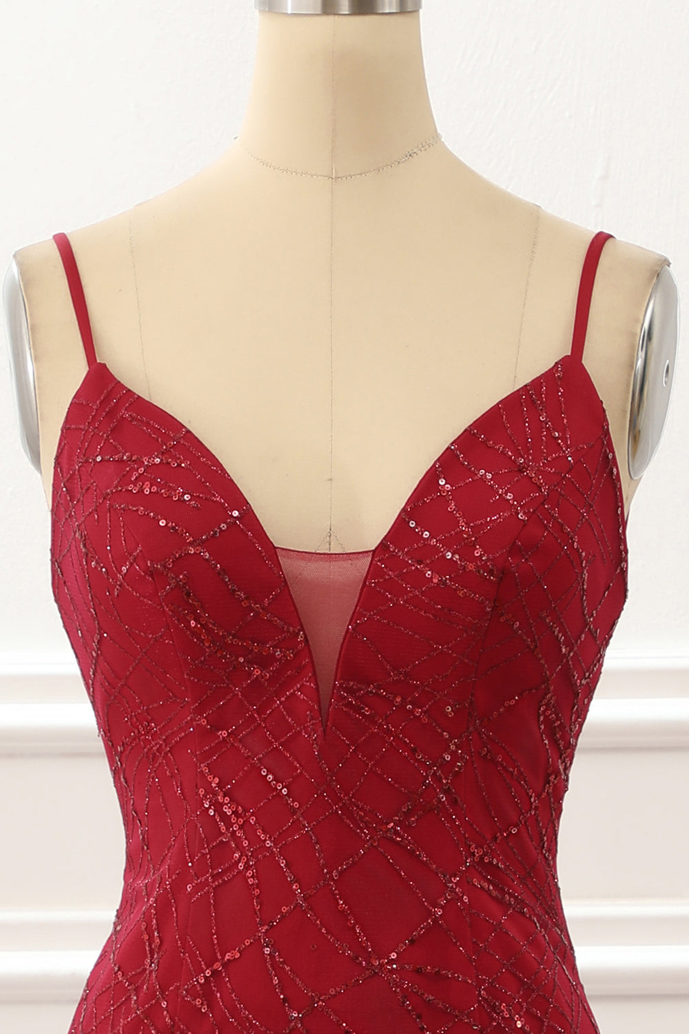 Dark Red Saprkly Mermaid Prom Dress With Slit Sexy Evening Dress