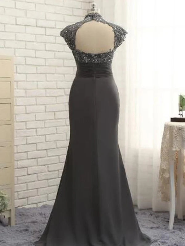Slim fit column chiffon lace high neck short sleeved and floor length style Mother of the Bride Dresses Beautiful